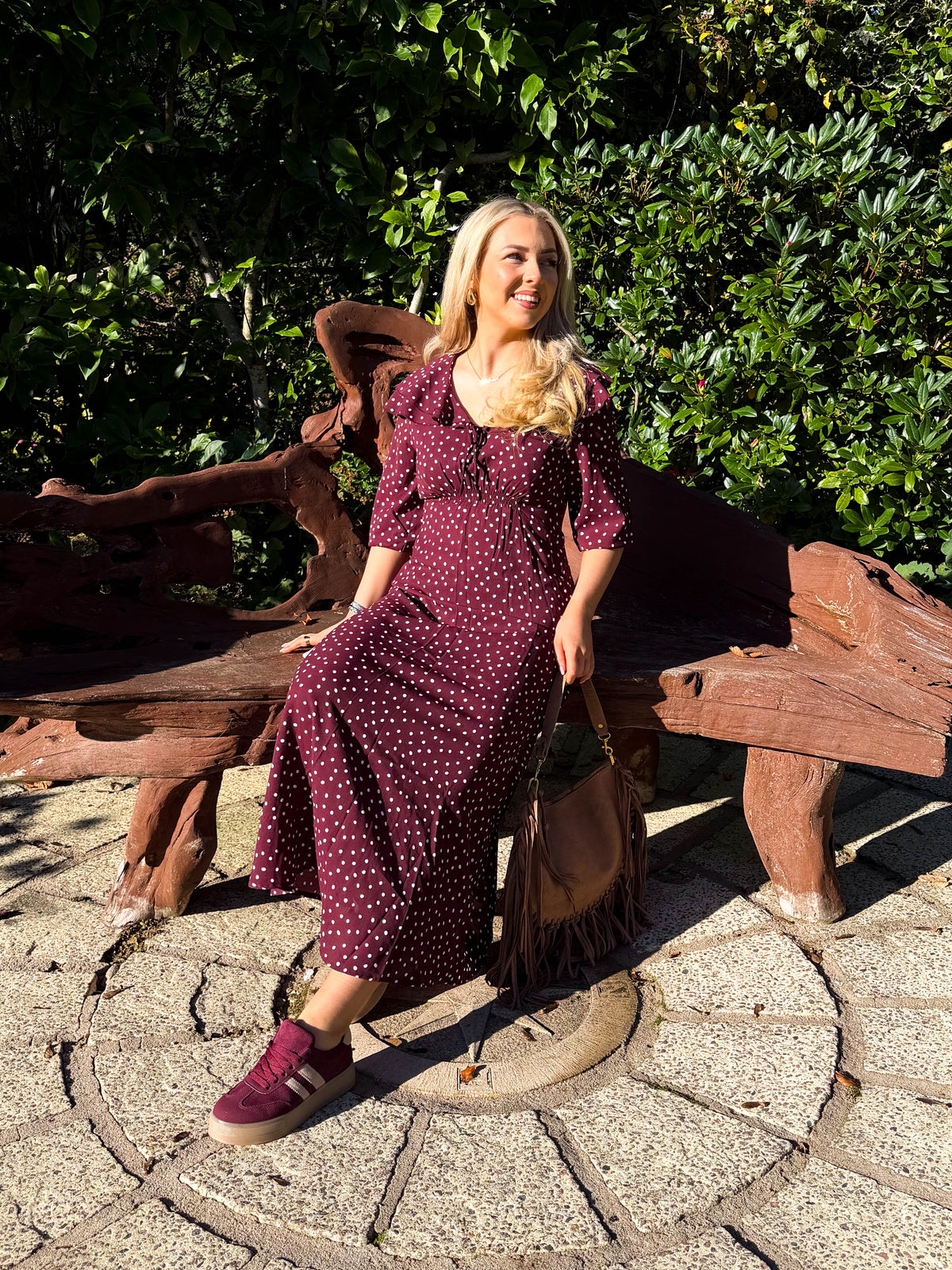 The Lucy - Wine Ruffle Collar Polka Dot Midi Dress