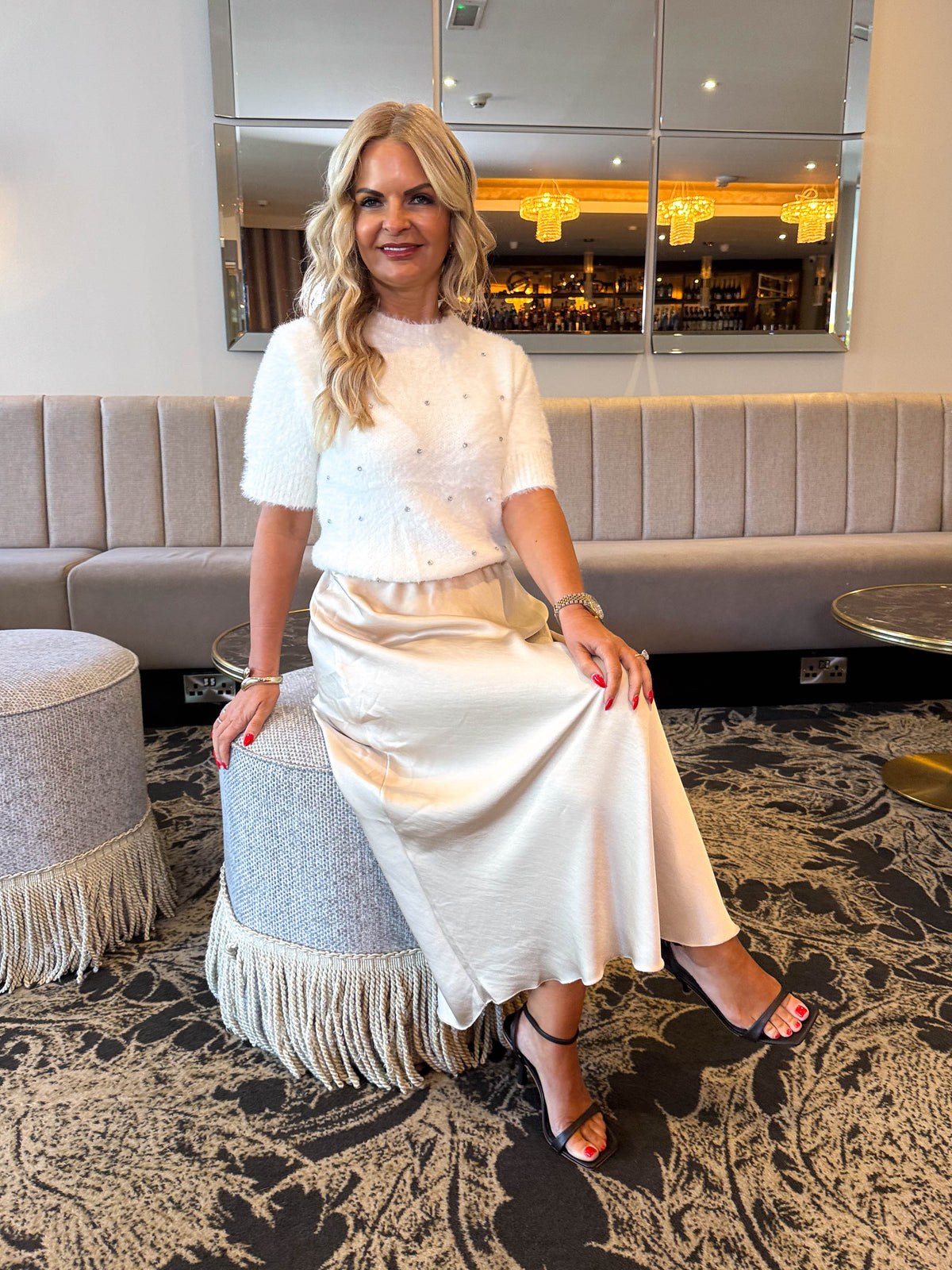 The Sienna - Ivory Short Sleeve Diamante Fluffy Knit