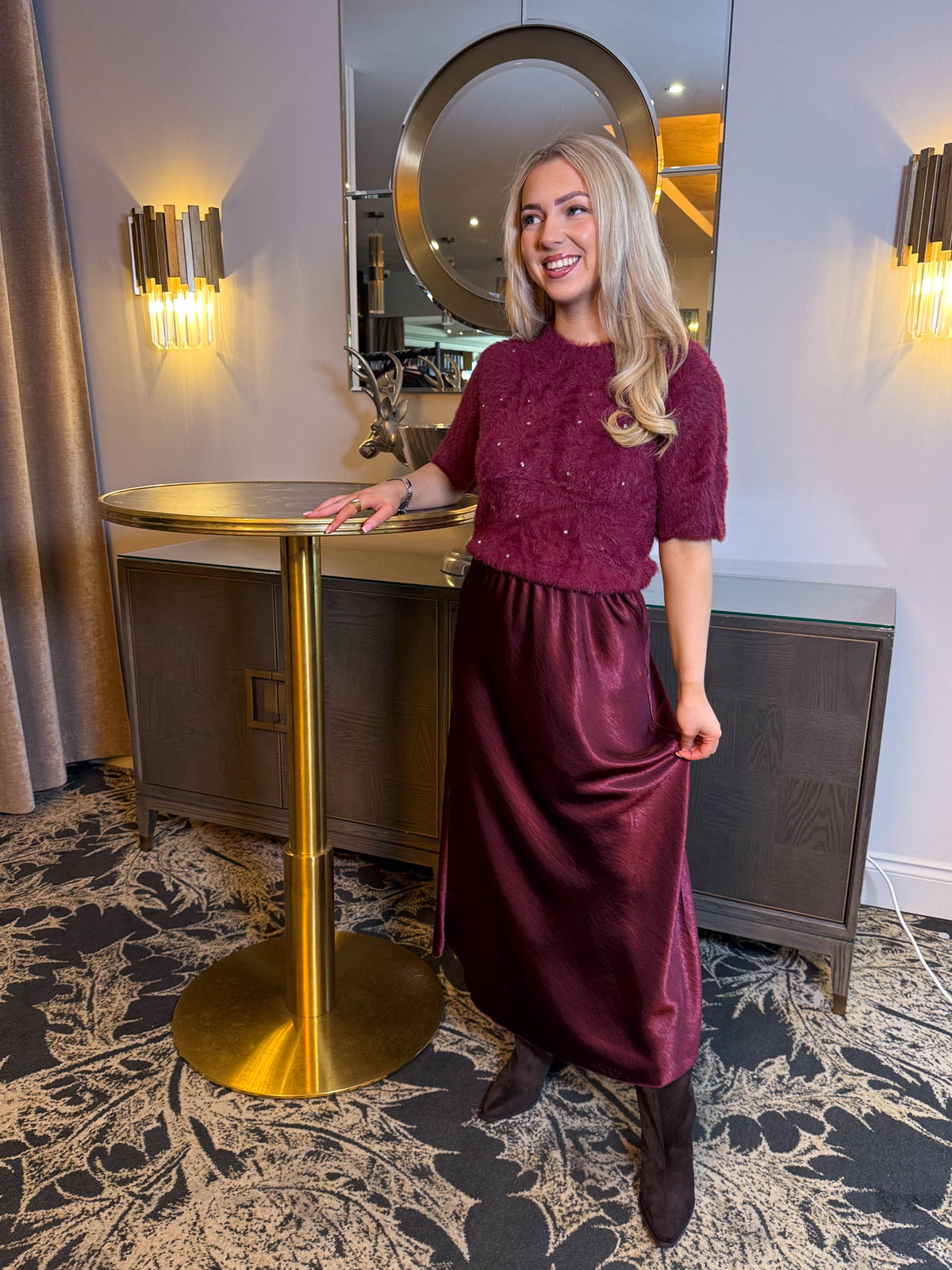 The Sienna - Wine Short Sleeve Diamante Fluffy Knit