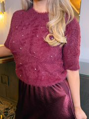 The Sienna - Wine Short Sleeve Diamante Fluffy Knit