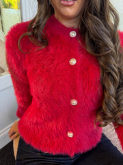 The Ruth - Fluffy Red Pearl Button Cardigan