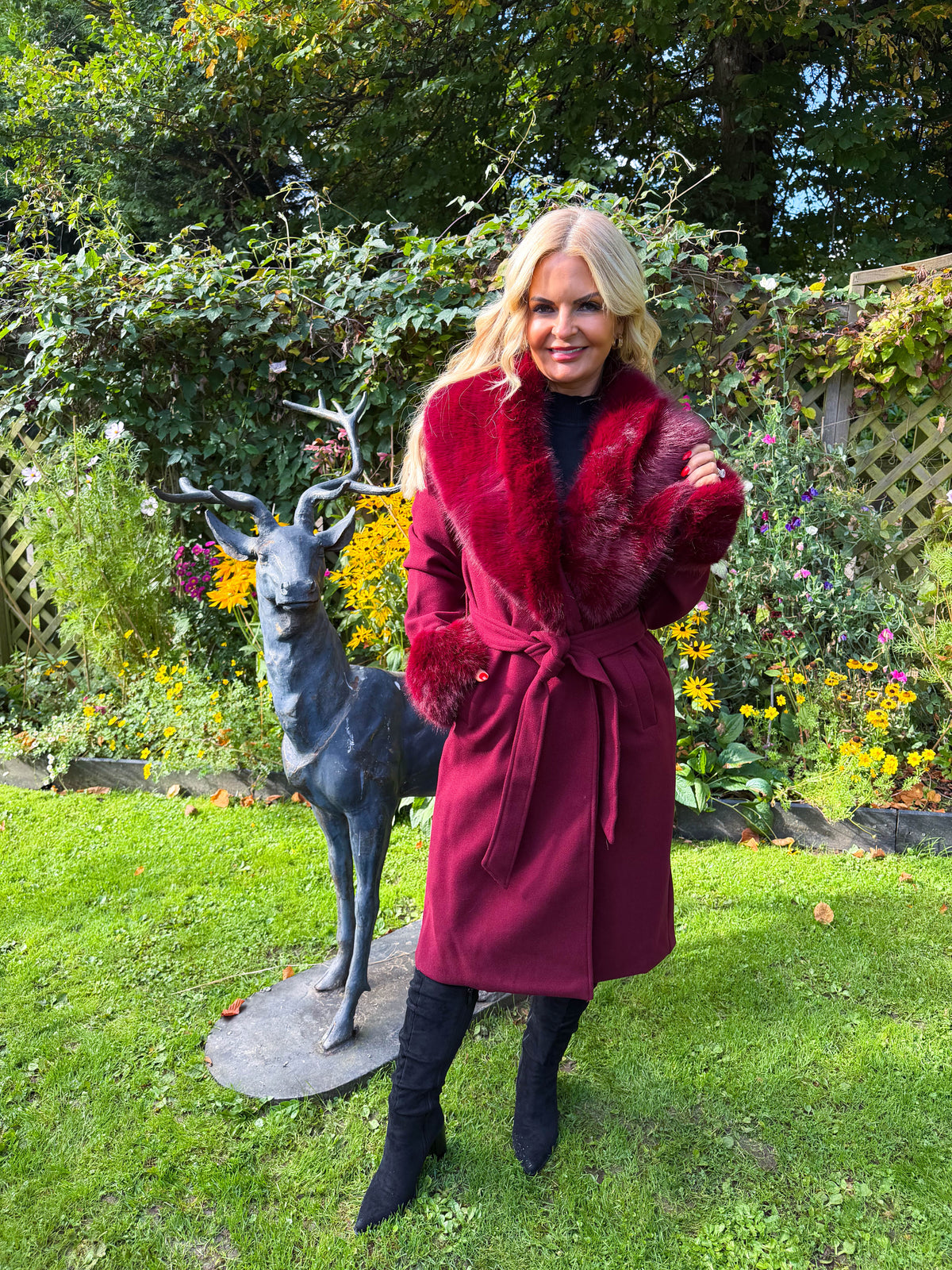 The Giana - Wine Faux Fur Collar & Cuff Coat