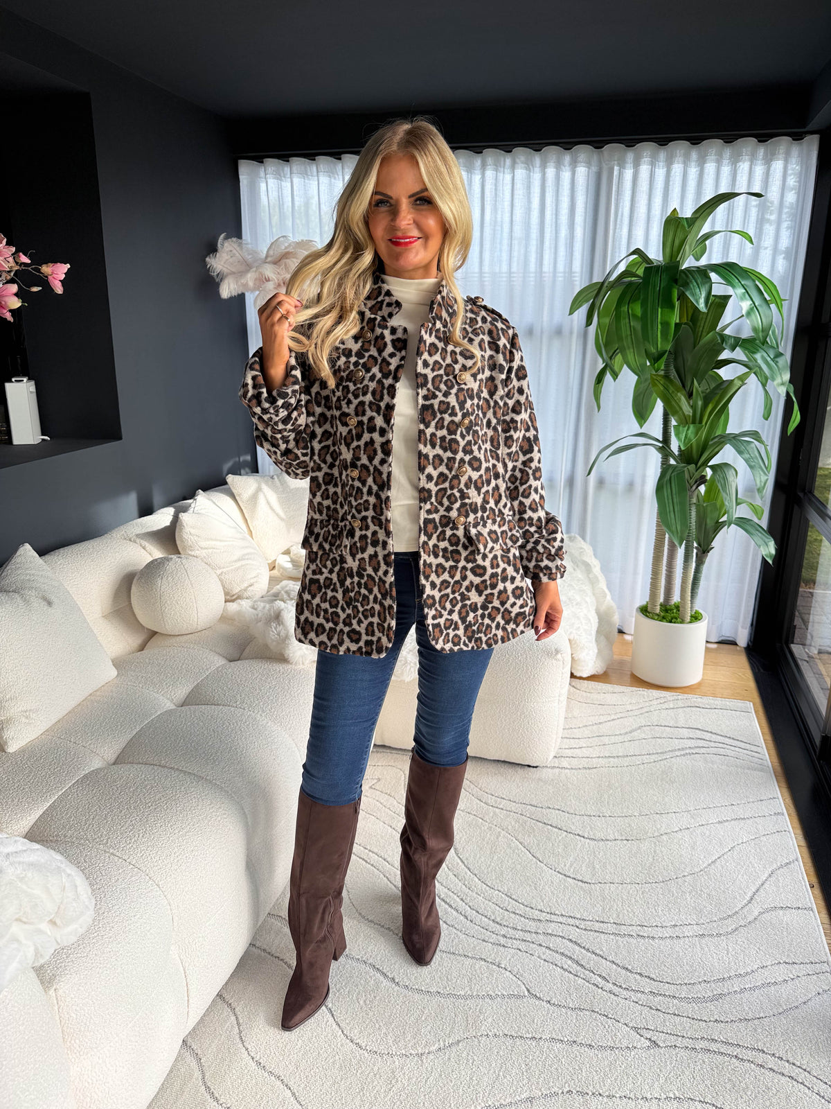 The Heidi - Leopard Print Faux Wool Ruched Sleeve Military Jacket