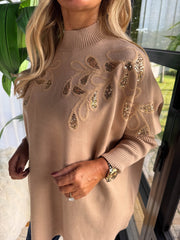 The Paula - Leaf Embroidery Sequin Beige Knit
