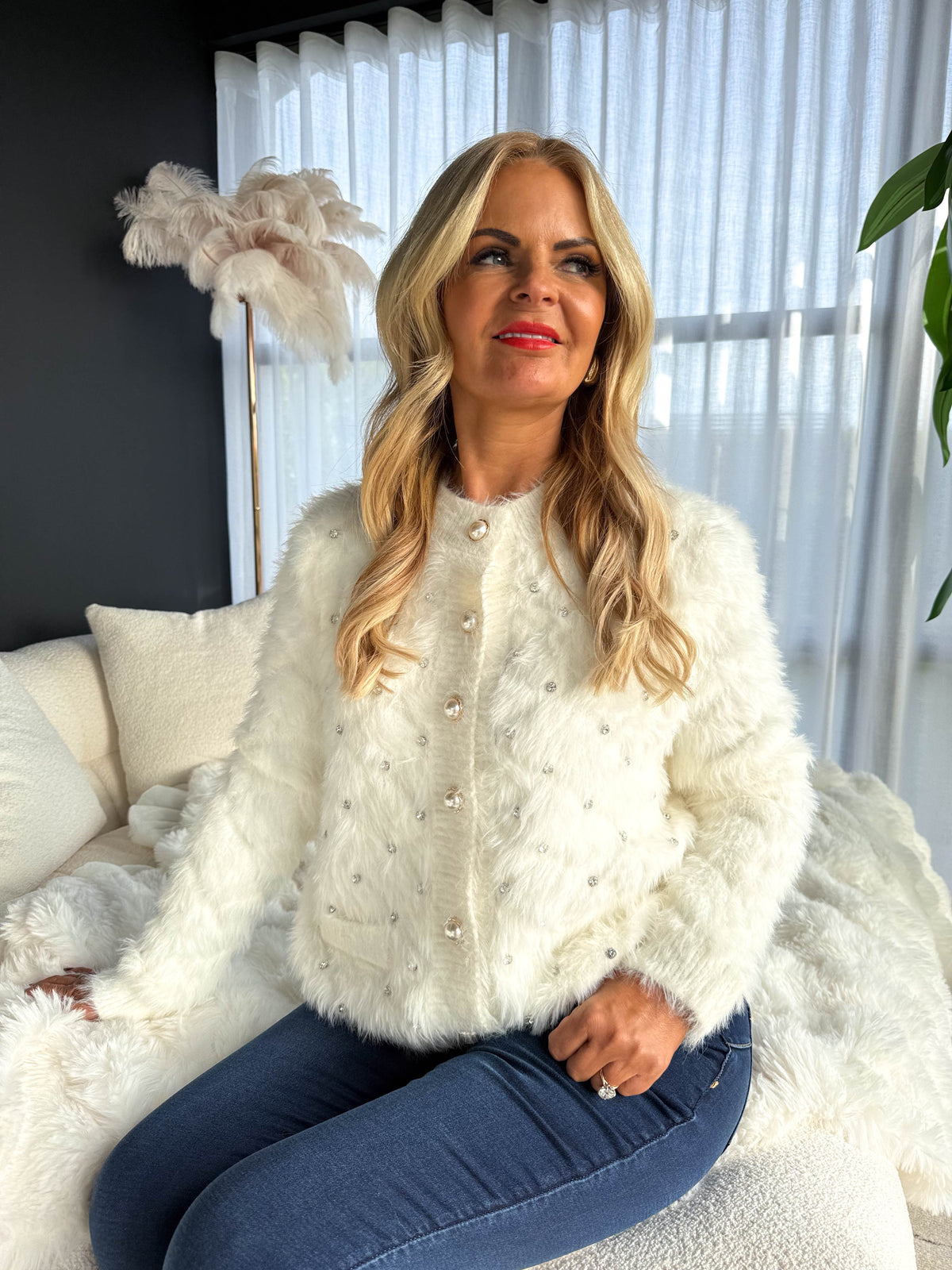 The Harrie - Diamante Detail Fluffy Knit Cardigan