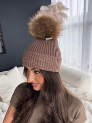 The Britney - Taupe Bronze Diamante Ribbed Hat