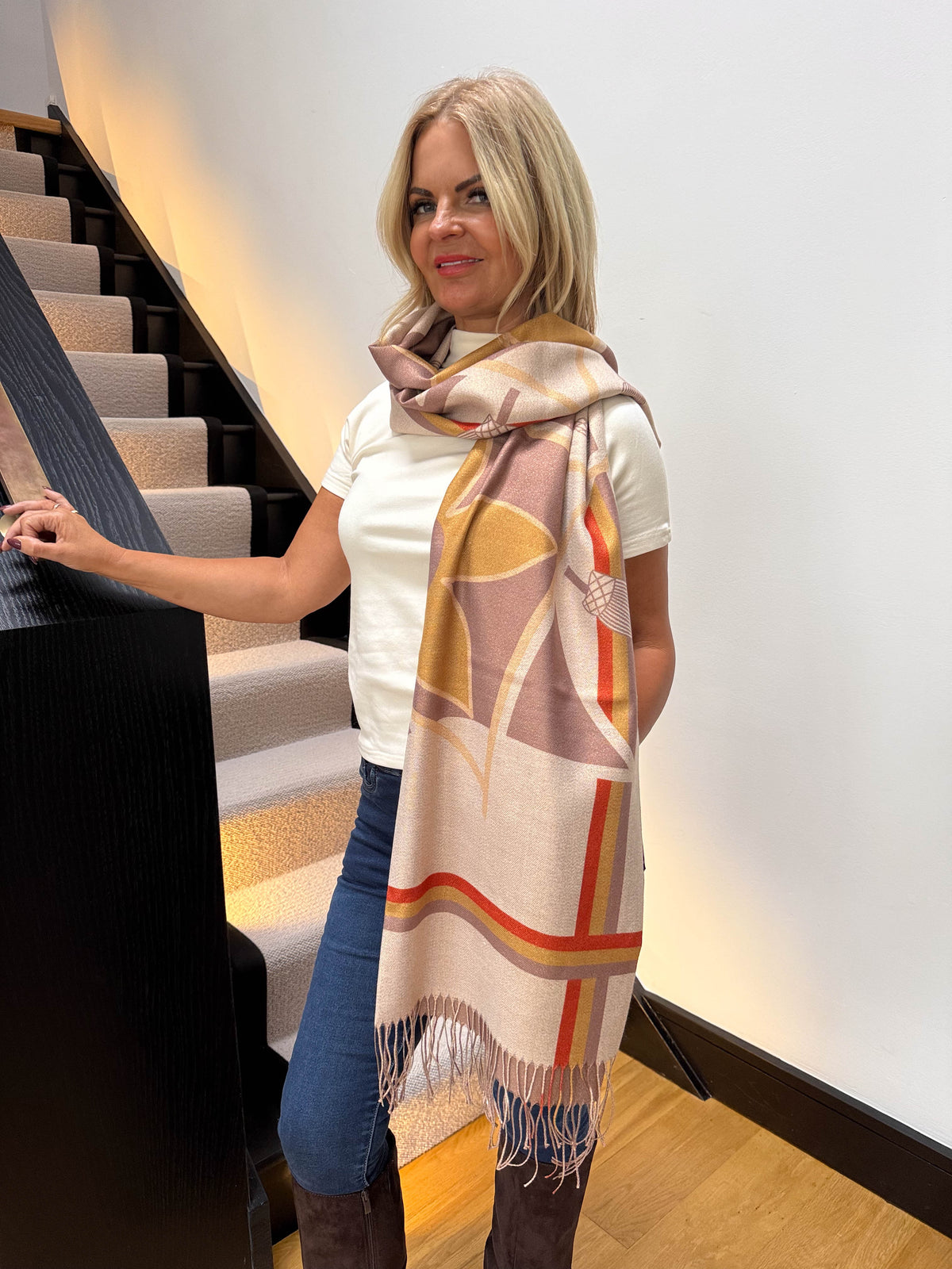 The Mason - Shimmer Flower Striped Tassel Scarf