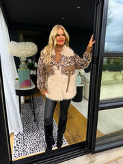 The Amelia - Sequin Leopard Print Coat with Faux Fur Trim Detailing