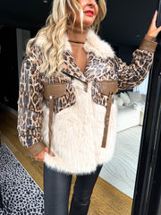 The Amelia - Sequin Leopard Print Coat with Faux Fur Trim Detailing