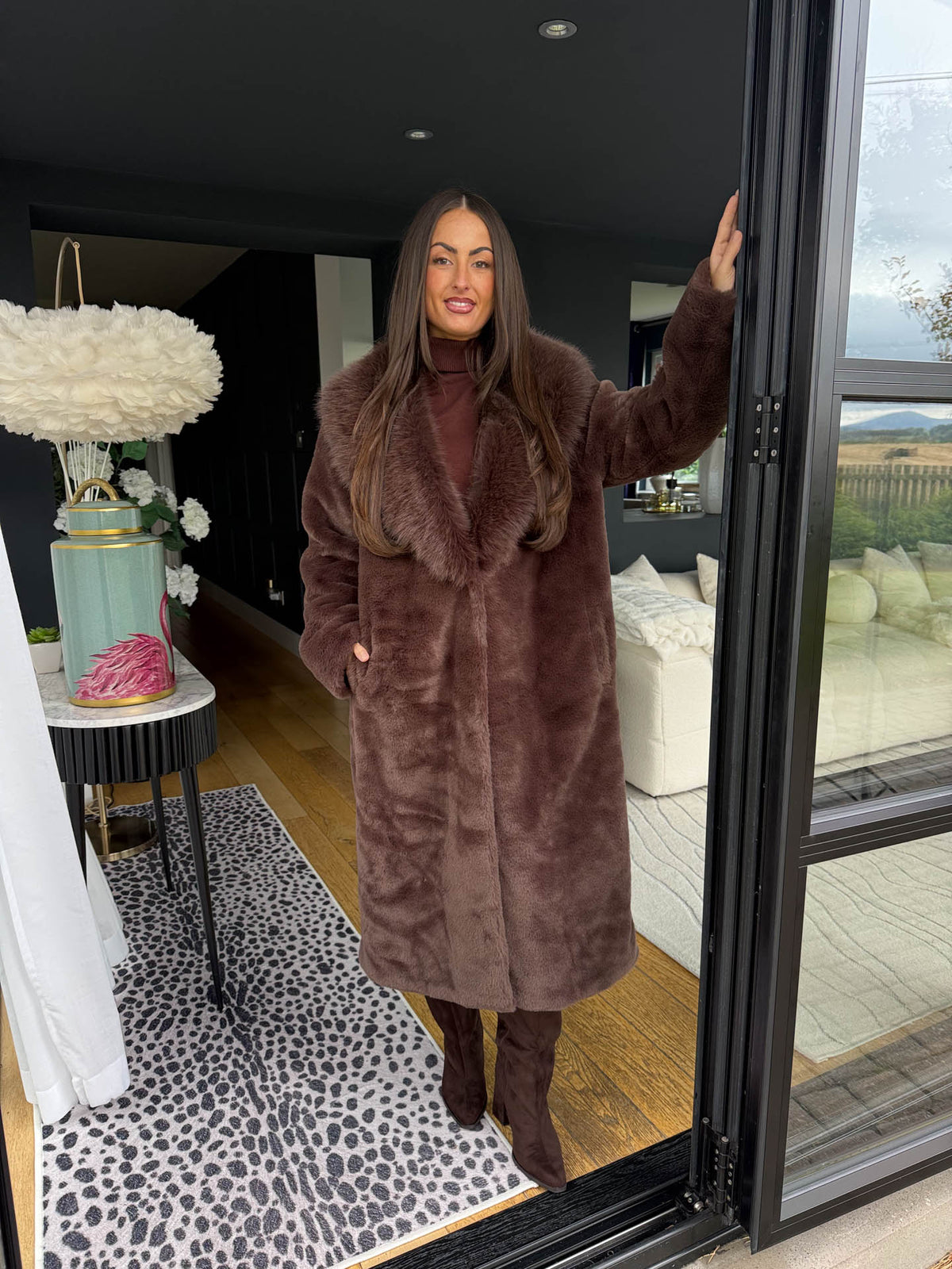 The Emily - Chocolate Oversized Collar Faux Fur Long Coat