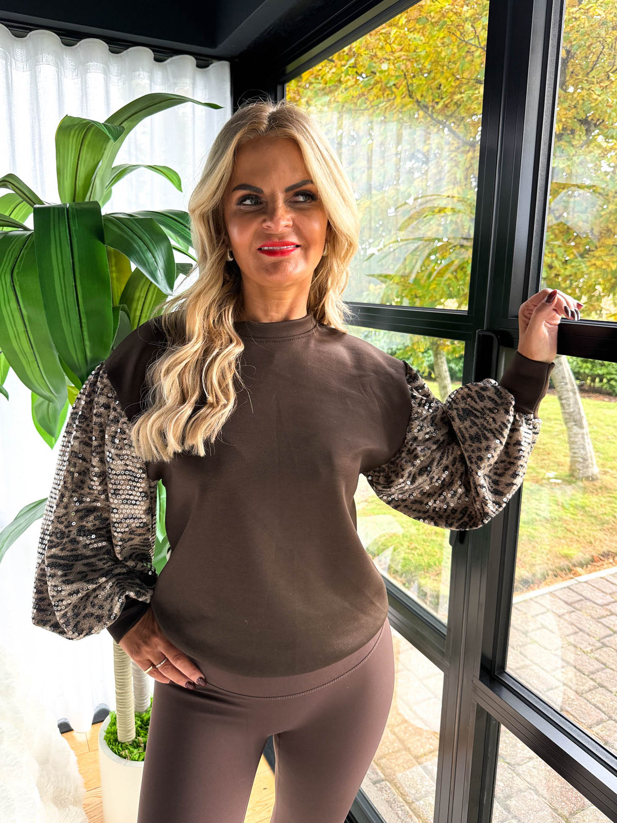The Isabella - Sequin Leopard Print Sleeve Sweatshirt