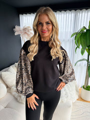 The Isabella - Sequin Leopard Print Sleeve Sweatshirt