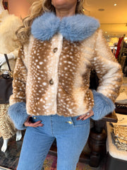 The Francesca - Bambi Print Blue Cuffed Faux Fur Jacket