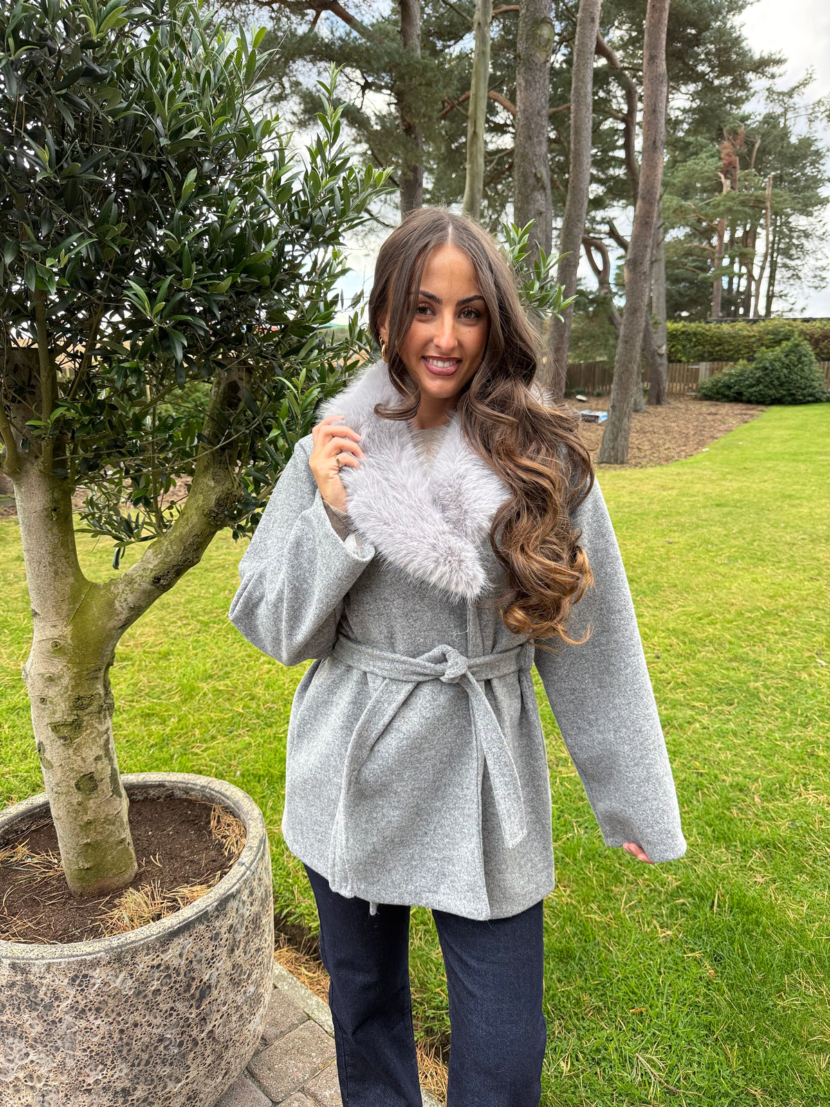 The Megan - Faux Fur Collar Woollen Belt Coat
