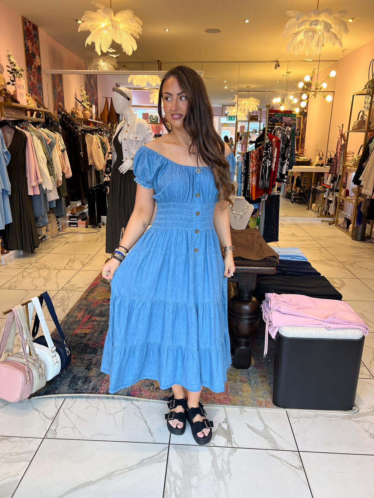 The Nicole - Denim Tiered Midi Dress