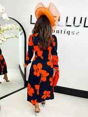 The India - Navy & Orange Floral Square Neck Midi Dress